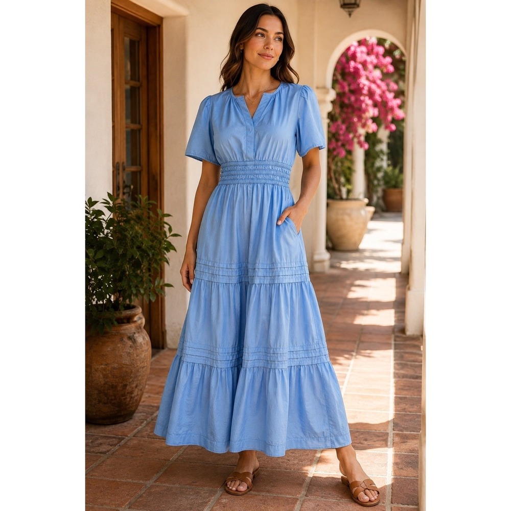 Quince Organic Cotton Blue Smocked Waist Tiered Maxi Dress Size L